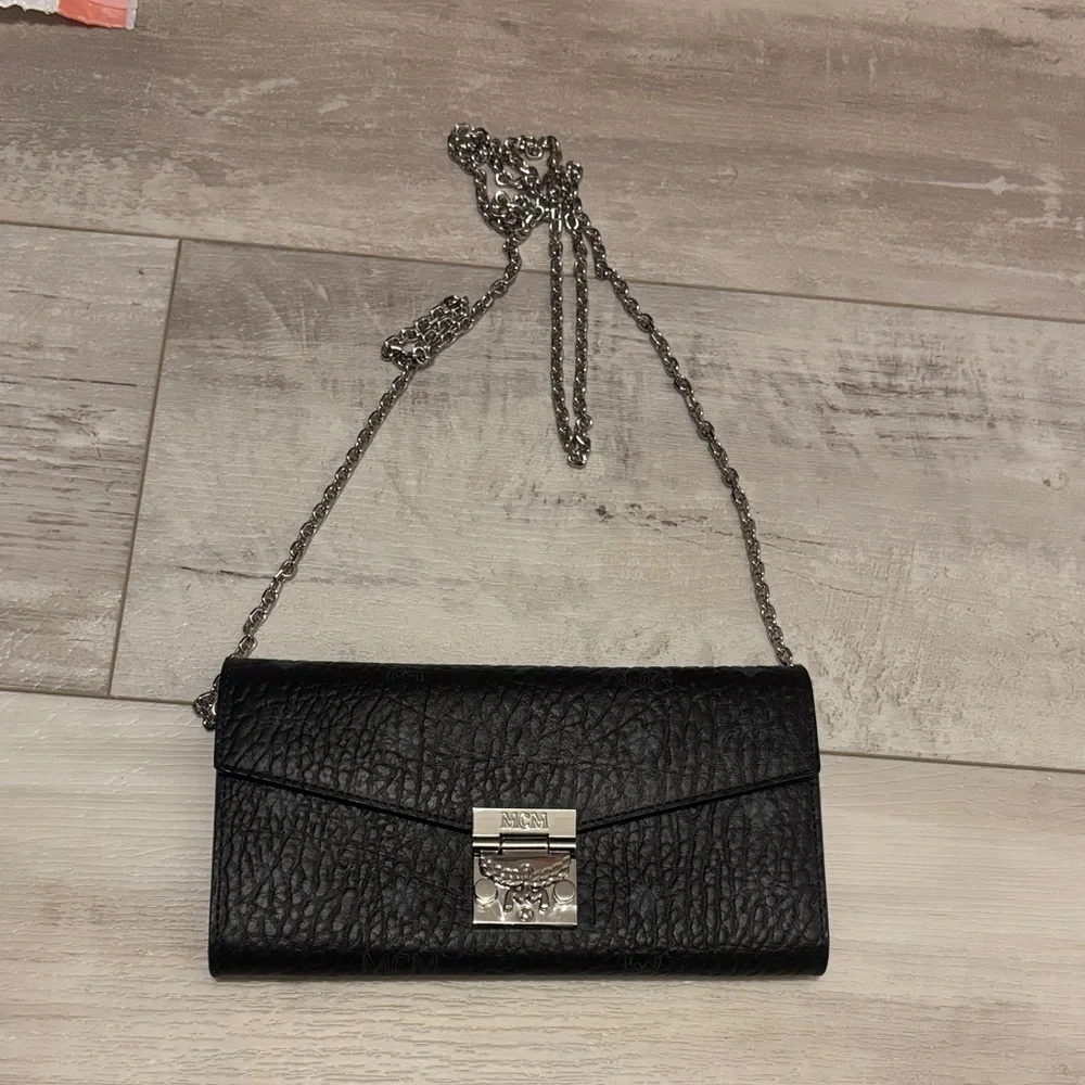 MCM Black Leather Clutch with Silver Chain - Picture 1 of 5